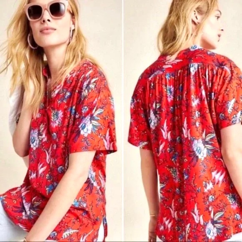 Anthropologie Red Floral Short-Sleeve Blouse